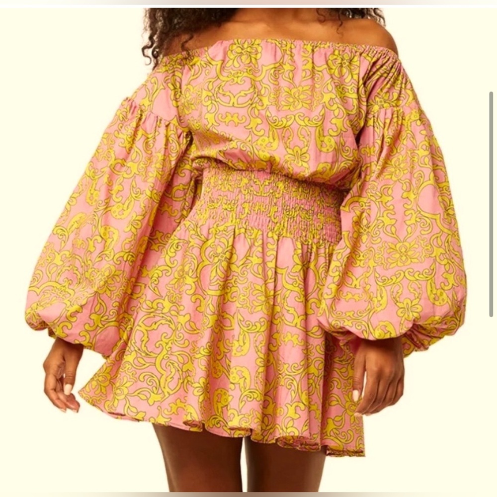 MISA Los Angeles Jordana Mini Dress Smocked Waist off the shoulder Dress Small